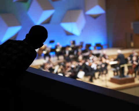 Student watching orchestra perform from a balcony 