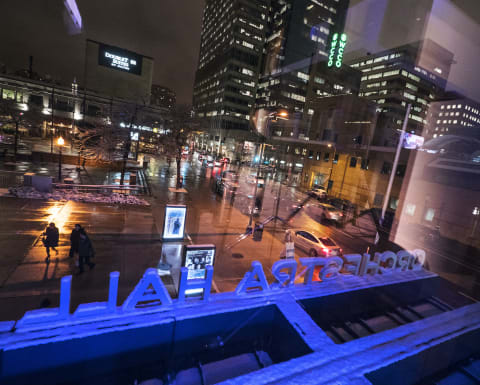 View of downtown Minneapolis from within Orchestra Hall