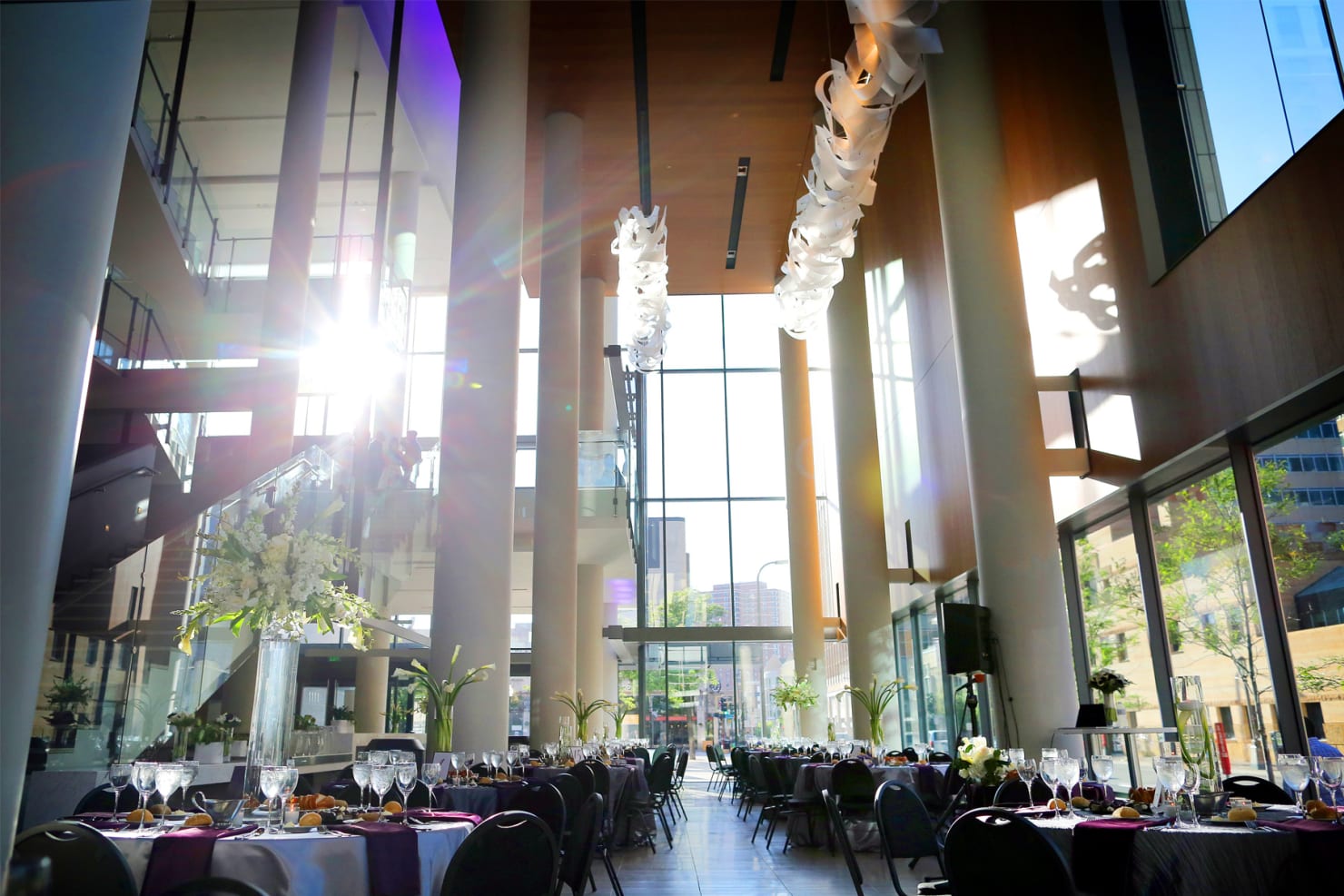 Event set up with sunlight shining through windows