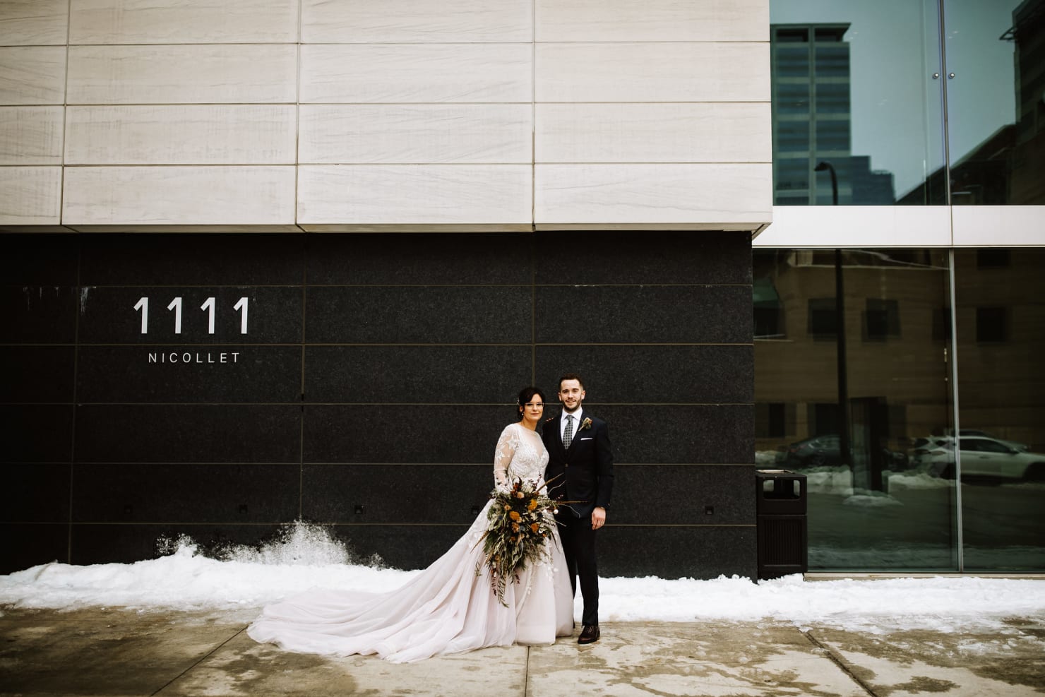 Bride and groom outside Orchestra Hall