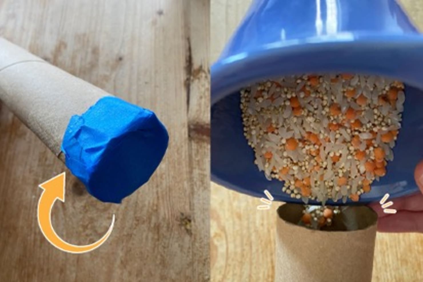 Cardboard tube with rice being poured into one end