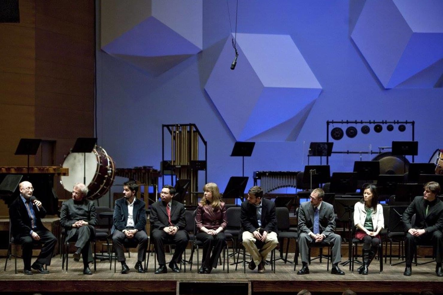 The ninth Minnesota Orchestra Composer Institute, held in November 2009, spotlighted the talents of composers Fernando Buide, Geoff Knorr, Angel Lam, Kathryn Salfelder, Carl Schimmel, Spencer Topel and Roger Zare. They're shown here with Aaron Jay Kernis and Osmo Vänskä, taking questions following the Future Classics concert.