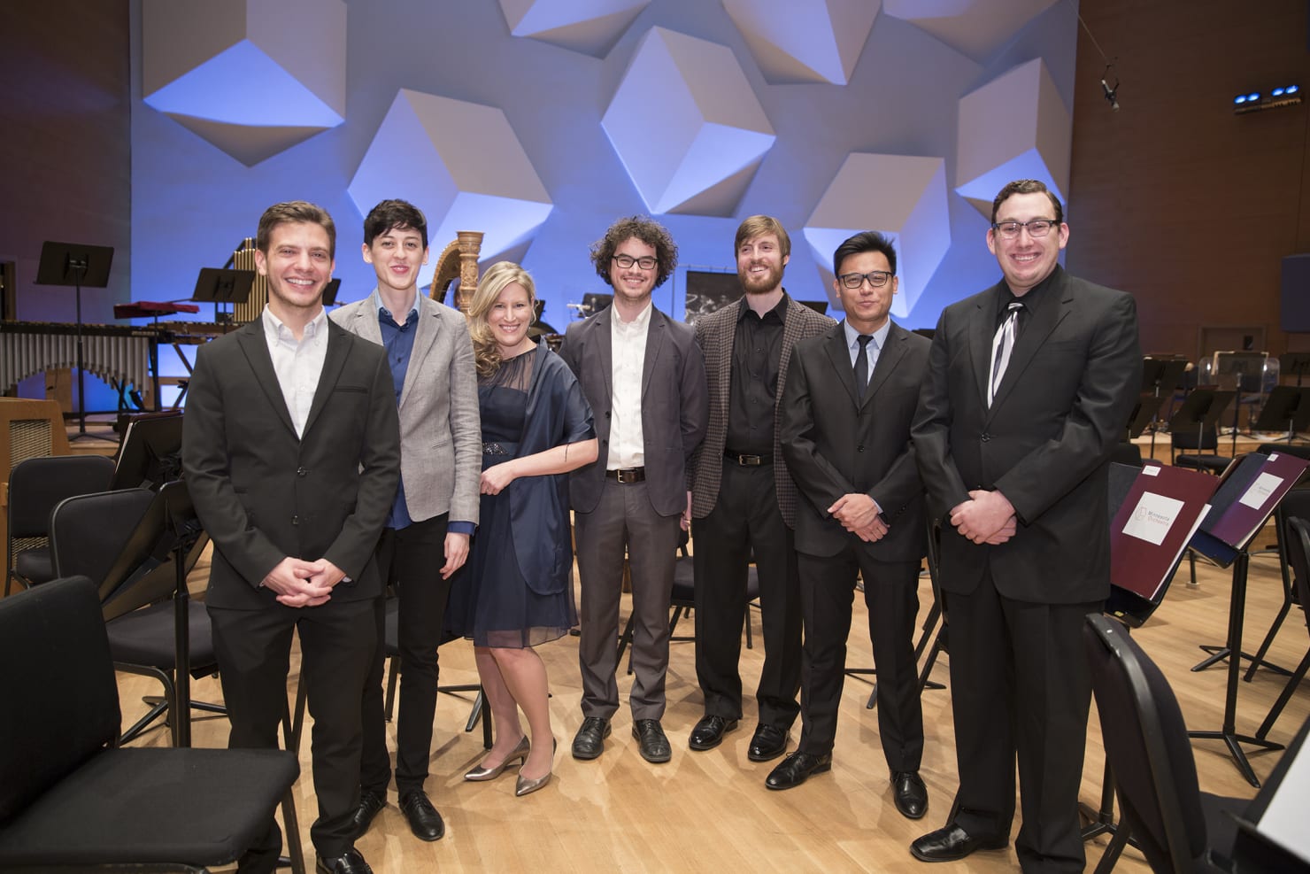 The participants in the January 2016 Minnesota Orchestra Composer Institute: Michael Gilbertson, Emily Cooley, Kirsten Broberg, Anthony Vine, Nick DiBerardino, Joshua Cerdenia and Matthew Browne.