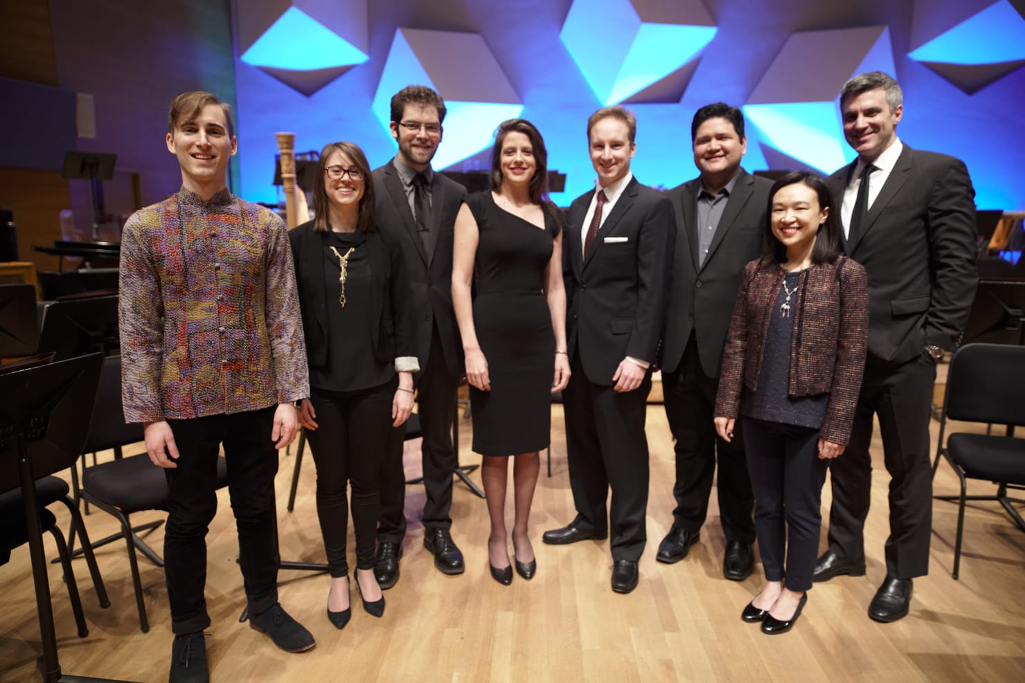 The participants in the February 2017 Minnesota Orchestra Composer Institute: Conrad Winslow, Katherine Balch, Phil Taylor, Judy Bozone, Michael Boyman, Michael-Thomas Foumai and Tonia Ko, with Composer Institute Director Kevin Puts at right.