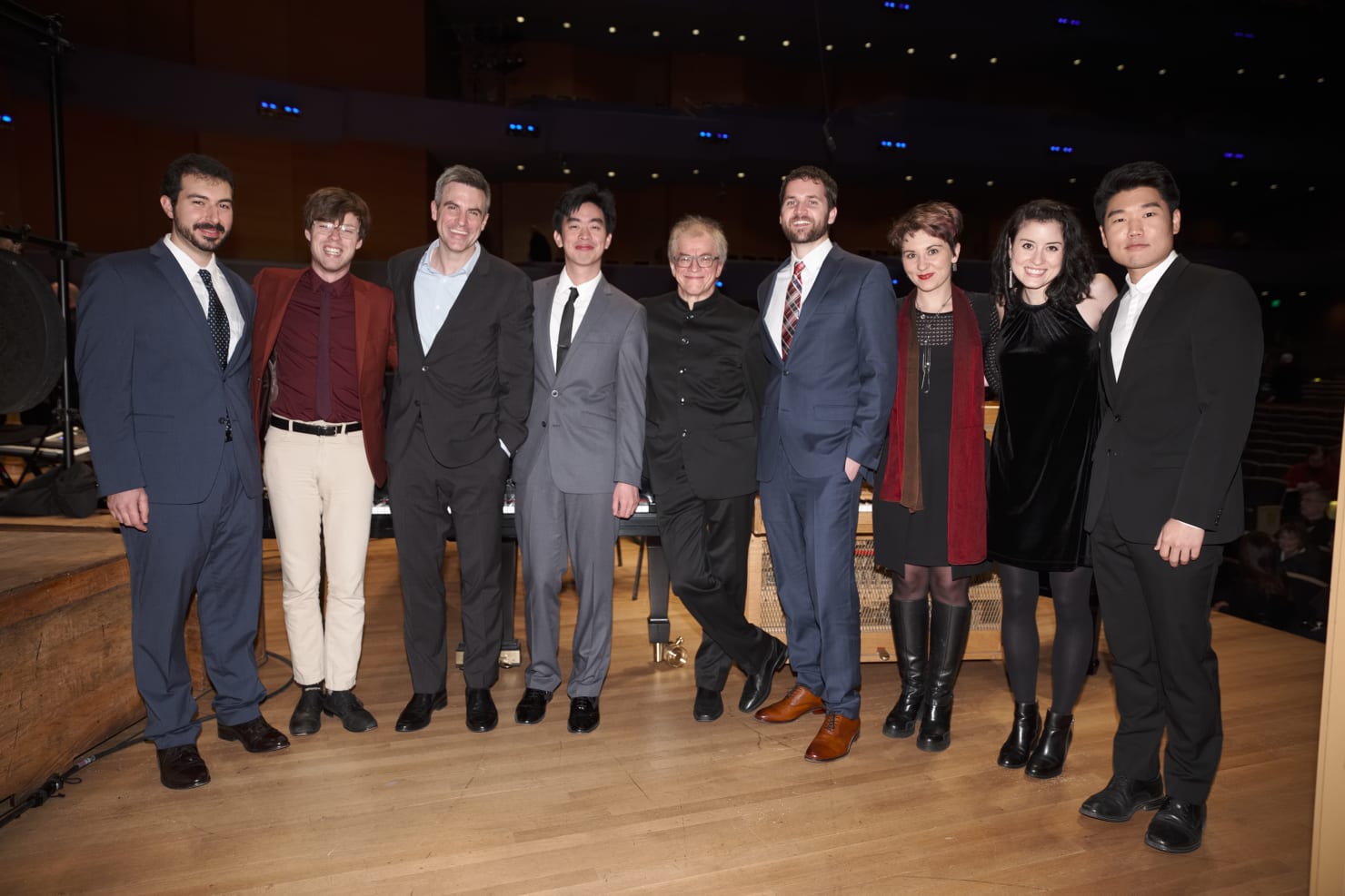 The participants in and leaders of the November 2017 Minnesota Orchestra Composer Institute: Saad Haddad, Daniel Schlosberg, Kevin Puts, Andrew Hsu, Osmo Vänskä, Charles Peck, Nina C. Young, Hilary Purrington and Peter S. Shin.