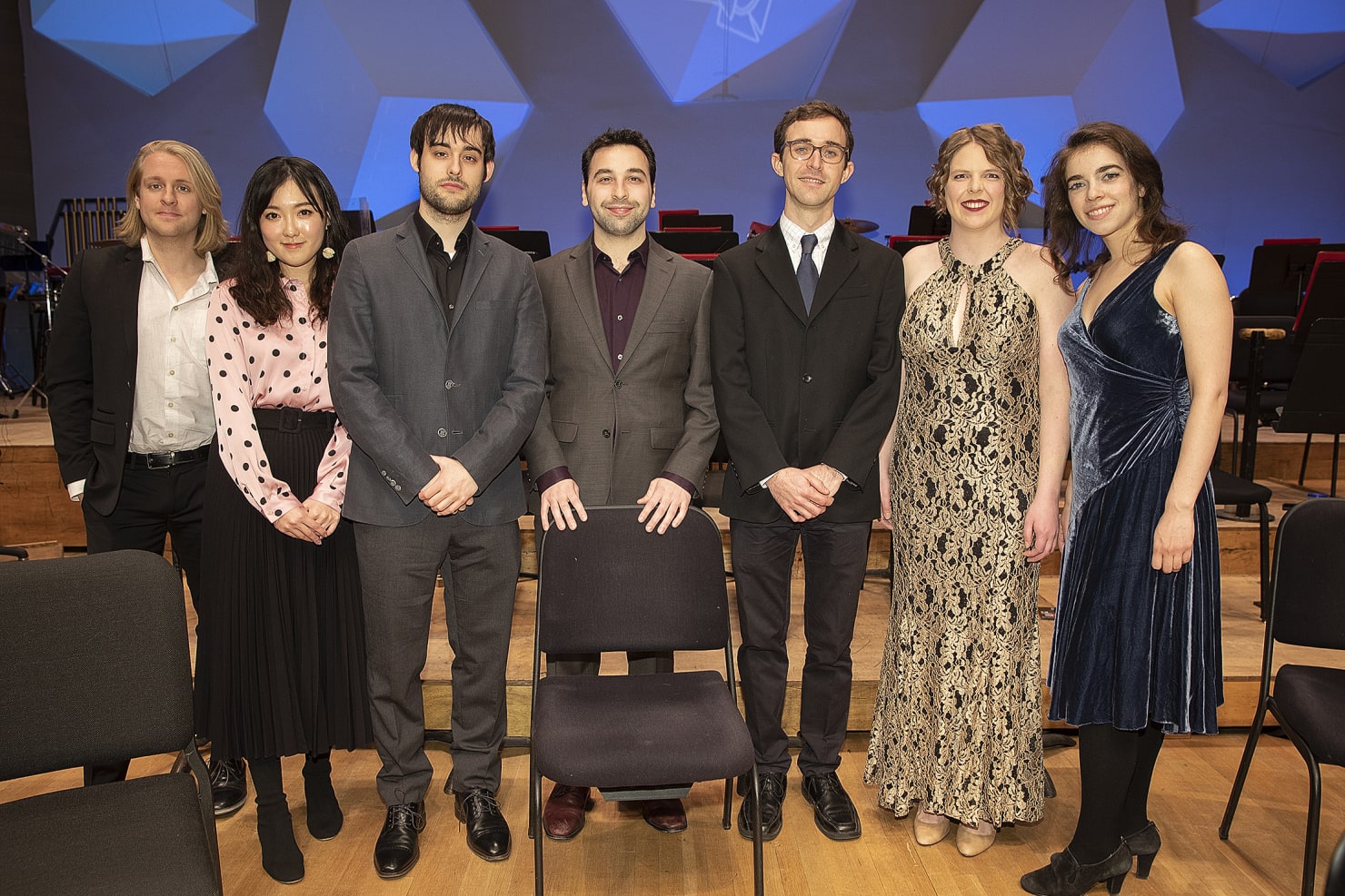 The participants in the January 2020 Minnesota Orchestra Composer Institute: Patrick O’Malley, Nicky Sohn, Marc Migó, Paul Frucht, Theo Chandler, Clare Glackin and Liza Sobel.