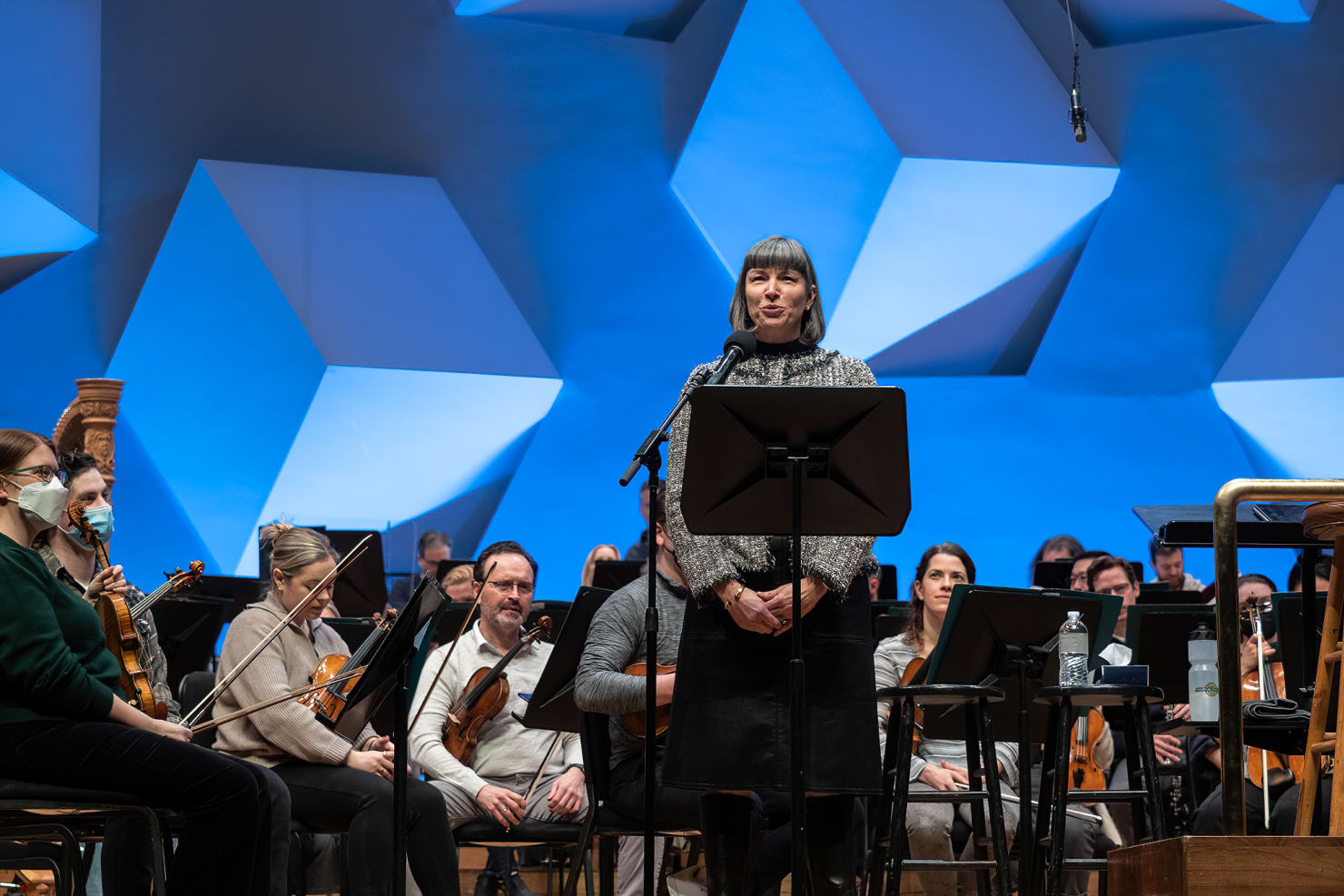 Michelle Miller Burns stands in front of the Orchestra on stage at Orchestra Hall