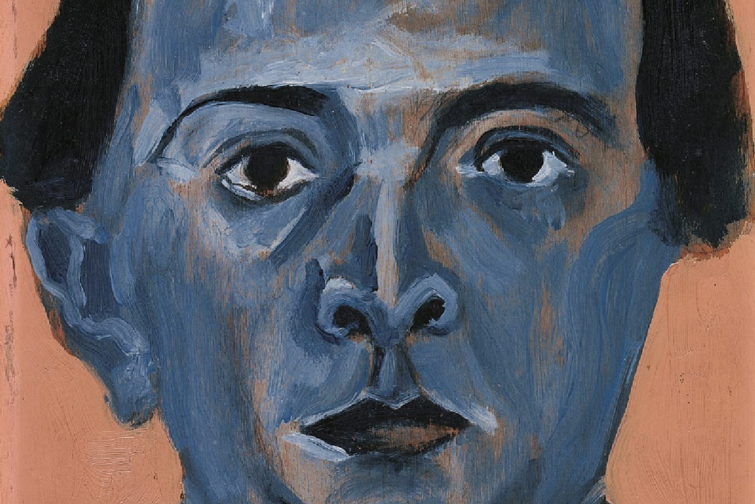 A self-portrait of Schoenberg; a simple composition, with blue skin against a tan background.