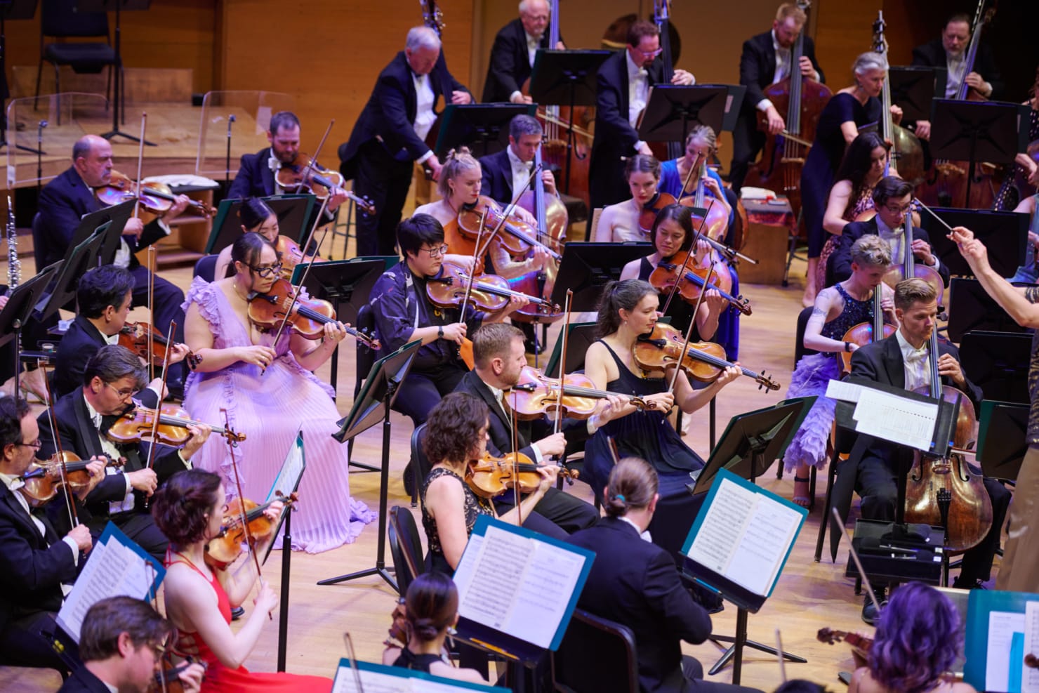 An image of the ensemble performing onstage during a concert, all dressed up in formal wear.