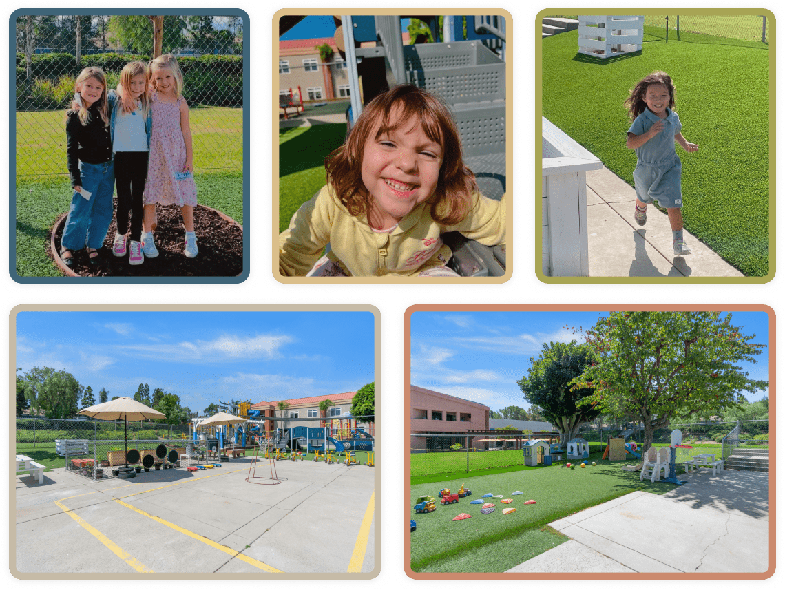 A collage of the preschool's outdoor area, including photos of children outside on the playground.