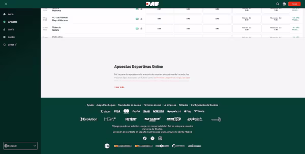 La seción apuestas de Paf Casa de Apuestas