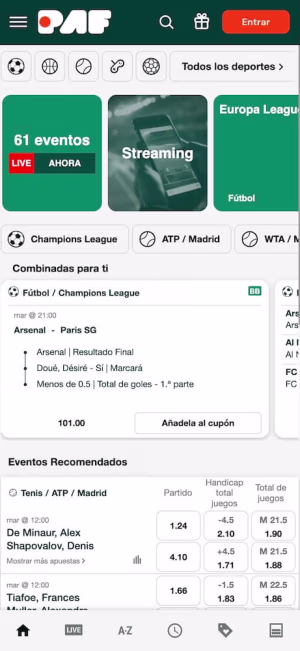 una pantalla de paf apuestas mobile home