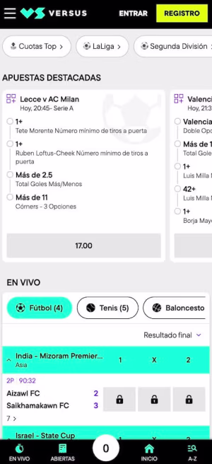 una pantalla de versus casas de apuestas mobile live
