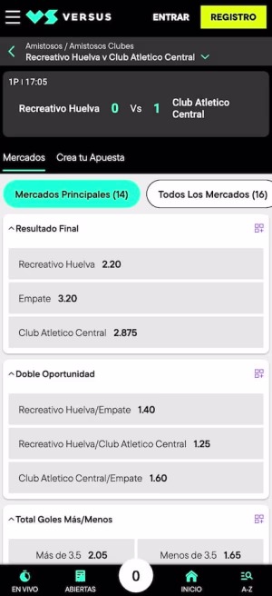 una pantalla de versus casas de apuestas mobile match