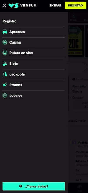 una pantalla de versus casas de apuestas mobile menu