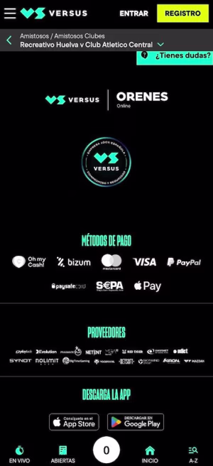 una pantalla de versus casas de apuestas mobile info