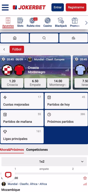 una pantalla de jokerbet casa de apuestas mobile home