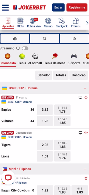 una pantalla de jokerbet casa de apuestas mobile live