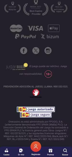 una pantalla de onecasino mobile info