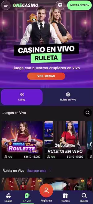 una pantalla de onecasino mobile live