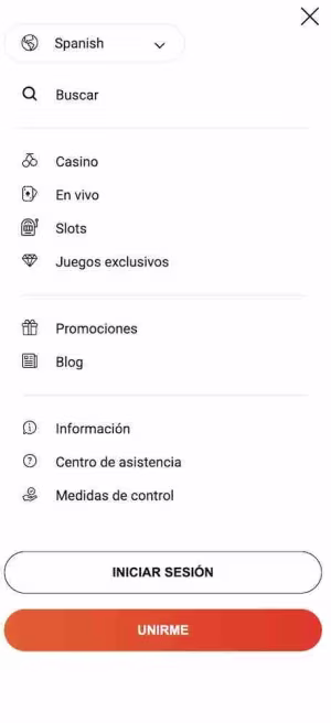 una pantalla de onecasino mobile menu