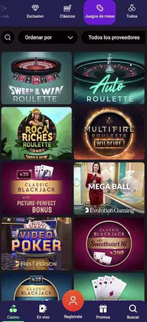 una pantalla de onecasino mobile games