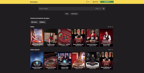 La secion juegos en vivo de el casino Interwetten