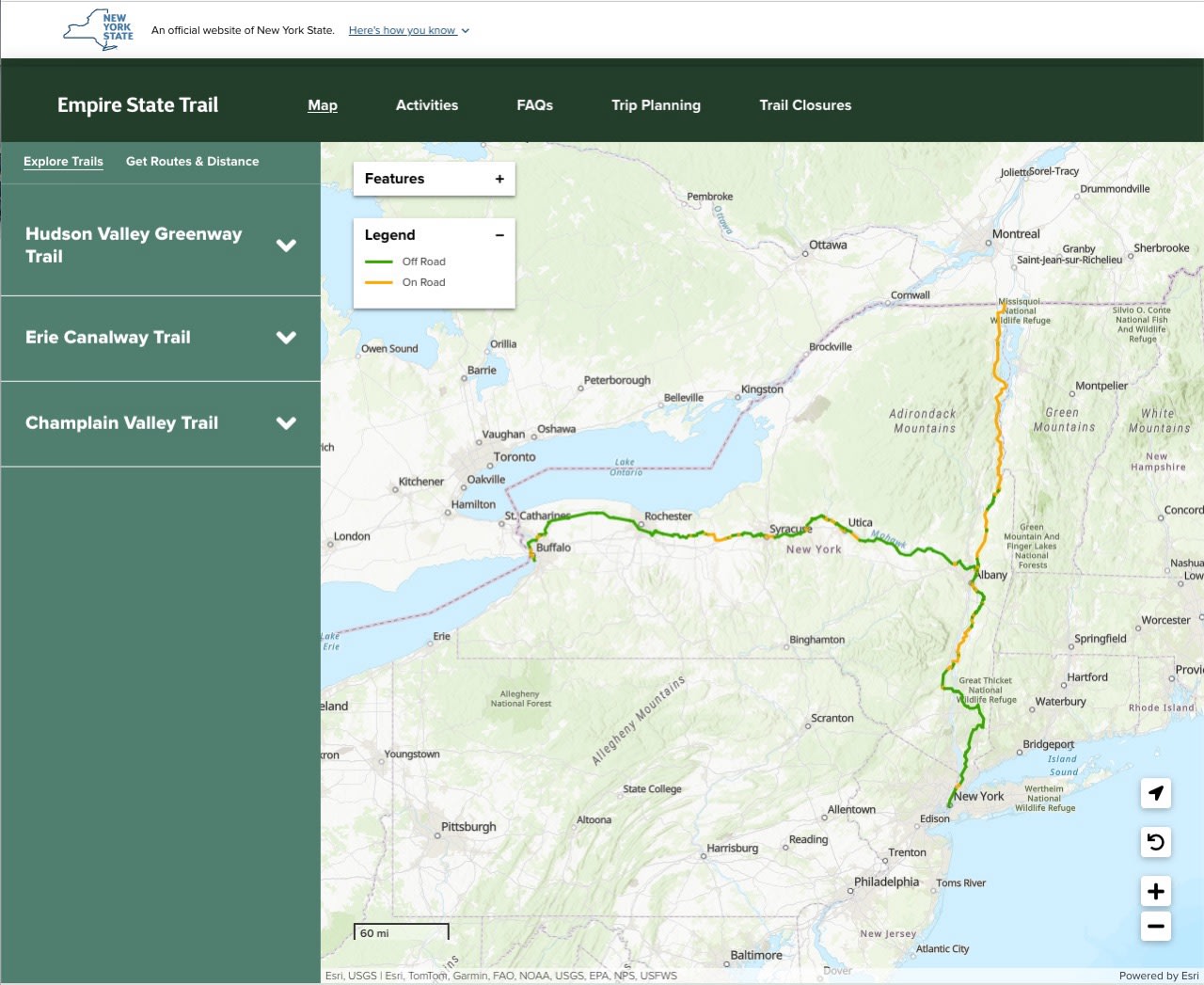 A screenshot of the Empire State Trail map