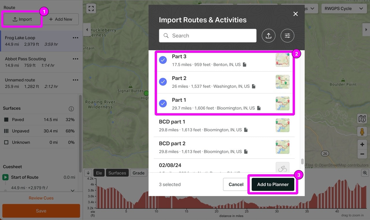 Ride with GPS screenshot illustrating route import