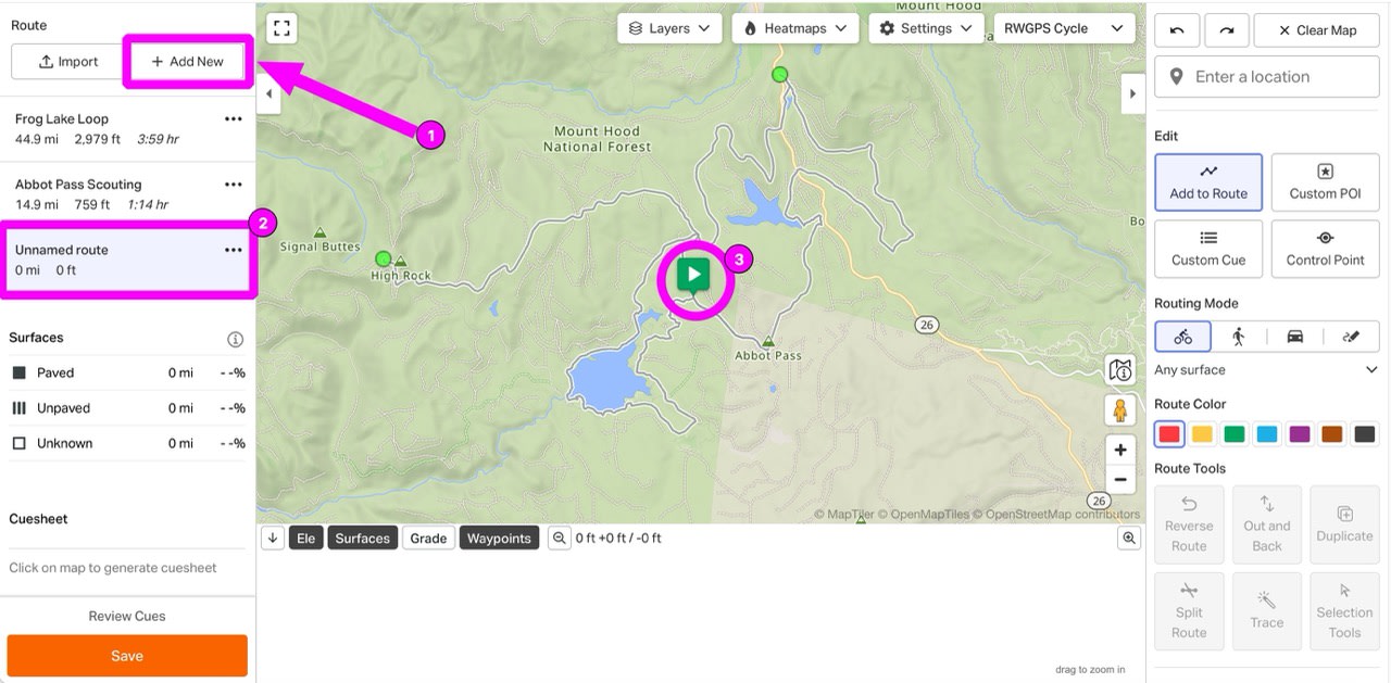 Ride with GPS screenshot illustrating route planning