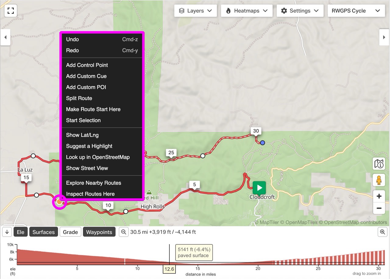 Ride with GPS screenshot illustrating some options available on right-click