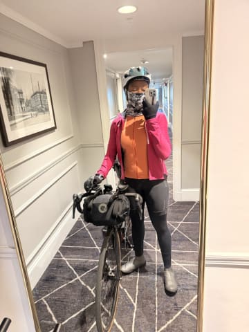 Pre-ride selfie in the hotel hallway mirror on day 5