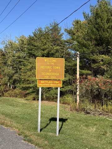 A sign welcoming me to Ticonderoga