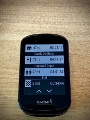 Garmin Edge 830 Plus showing course points on a route