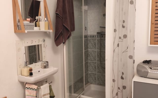 Private bedroom, shower and sink in a typical townhouse.