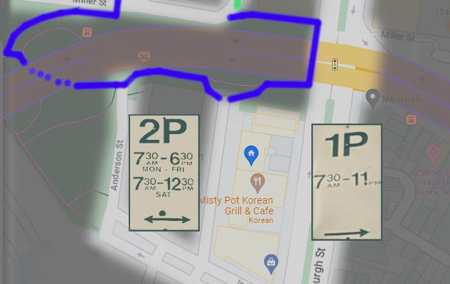 Anuncio de Andrew en misterb&b - Example of some of the timed parking on nearby streets. Untimed, limitless, free parking located at end of walkways (end of blue lines of map).