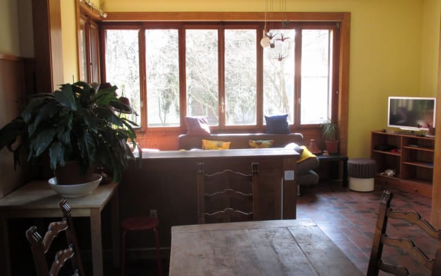Small room in rustic house with garden