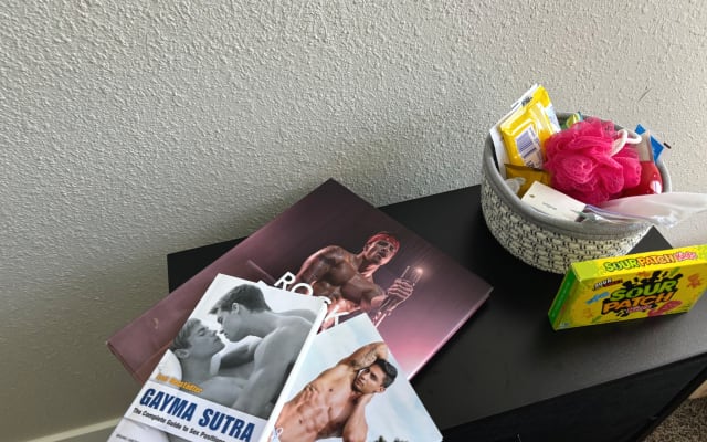 Wade's listing on misterb&b - There are a few coffee table books for your pleasure. There is a welcome basket with helpful items: batteries, shower steamers, loofa, bar of soap, toothpaste, toothbrush, hand sanitizer, floss picks, lube, and condoms. 