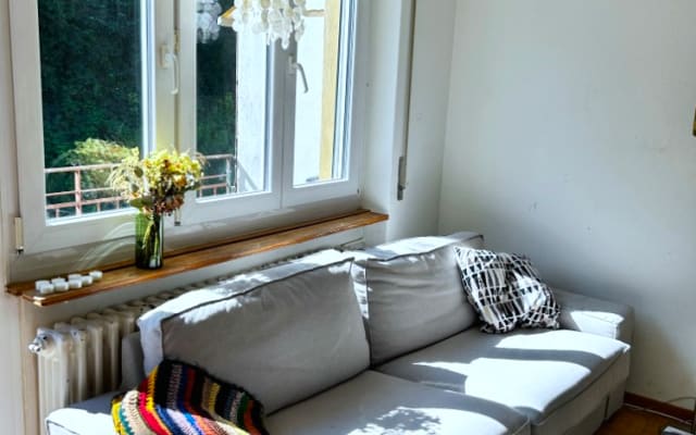 Habitación espaciosa con vistas al bosque.