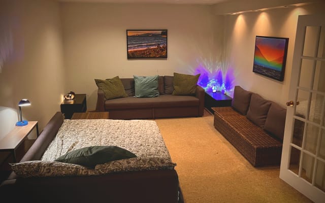 Paul's listing on misterb&b - The large room in the basement has two pullout sofabeds (only one is pulled out in the pic), and a mini gym (behind the camera), featuring an elliptical, rowing machine, and yoga mats.