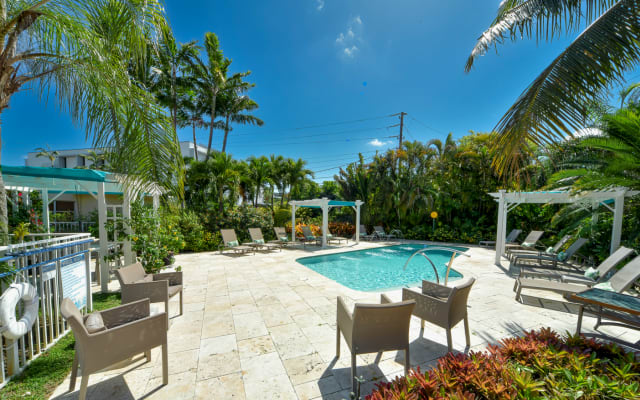 Thomass Inserat auf misterb&b - Das Paradies gefunden 🌴☀ Diese sonnenverwöhnte Poolterrasse ist von sich wiegenden Palmen und üppigem Grün umgeben und bietet einen friedlichen tropischen Rückzugsort. Entspannen Sie sich am Pool mit einem guten Buch, nehmen Sie ein erfrischendes Bad oder treffen Sie sich mit Freunden auf dem hellen und luftigen Deck.