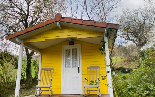 A fairy-tale cottage in a garden forest
