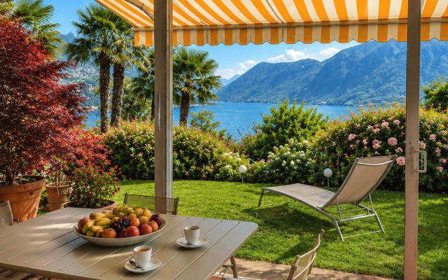Vintage-Zimmer mit Blick auf den See und den Garten in der Nähe des...