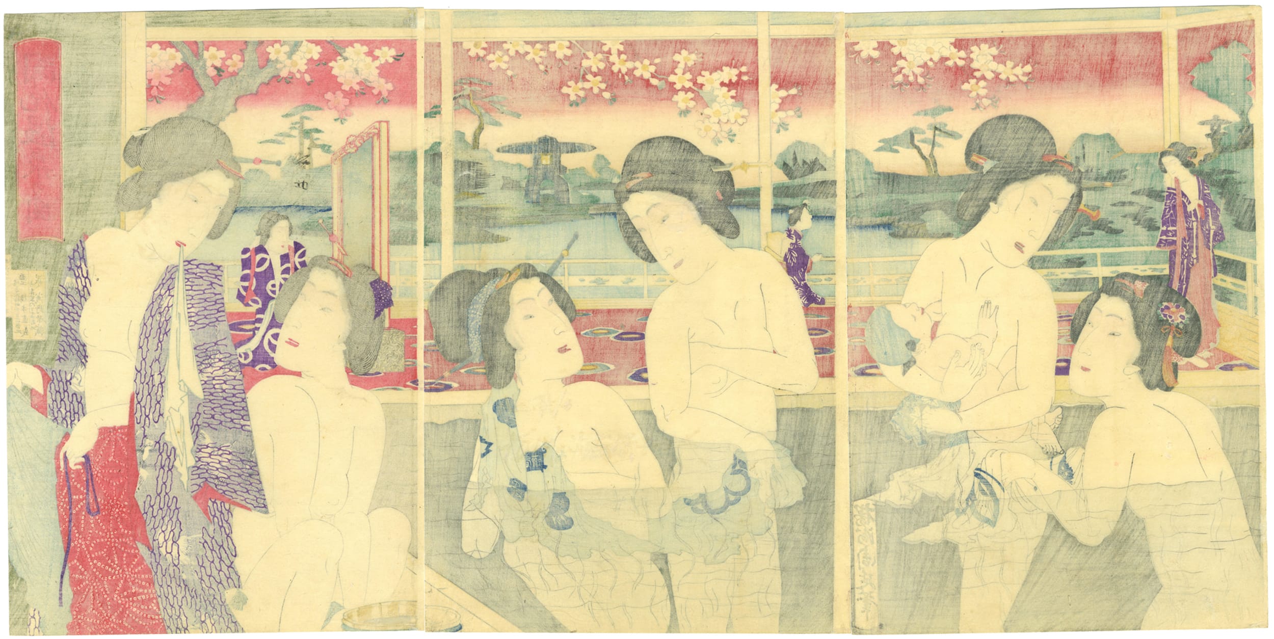 Triptych Of Women Bathing At A Hot Spring