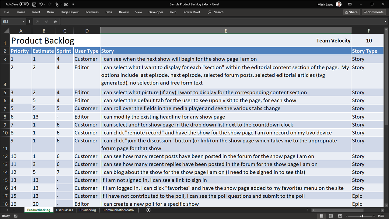 A Sample Product Backlog from a Scrum Project in Microsoft Excel