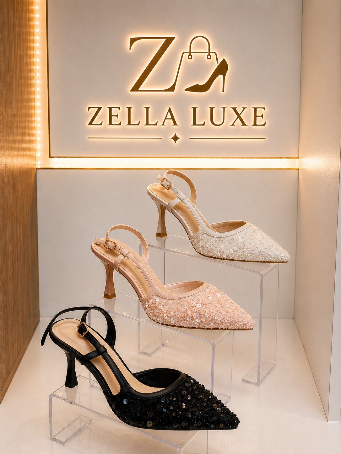 Escarpins Slingback à bout pointu et paillettes.