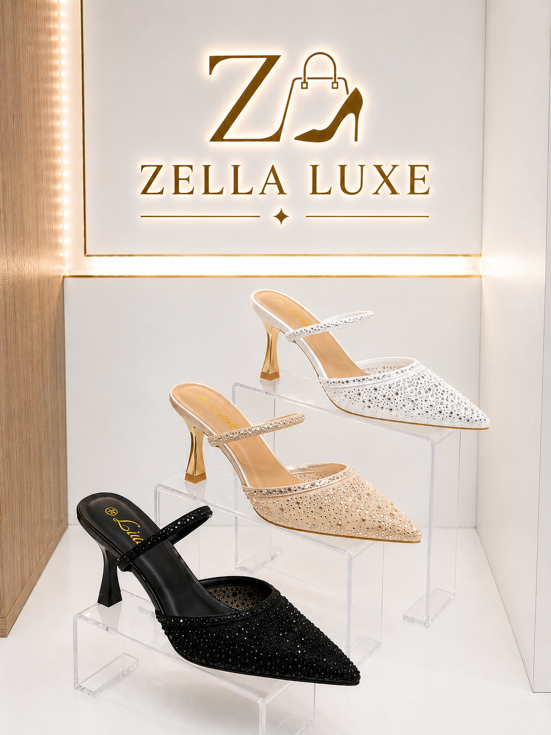 Mules à talon avec strass et bout pointu