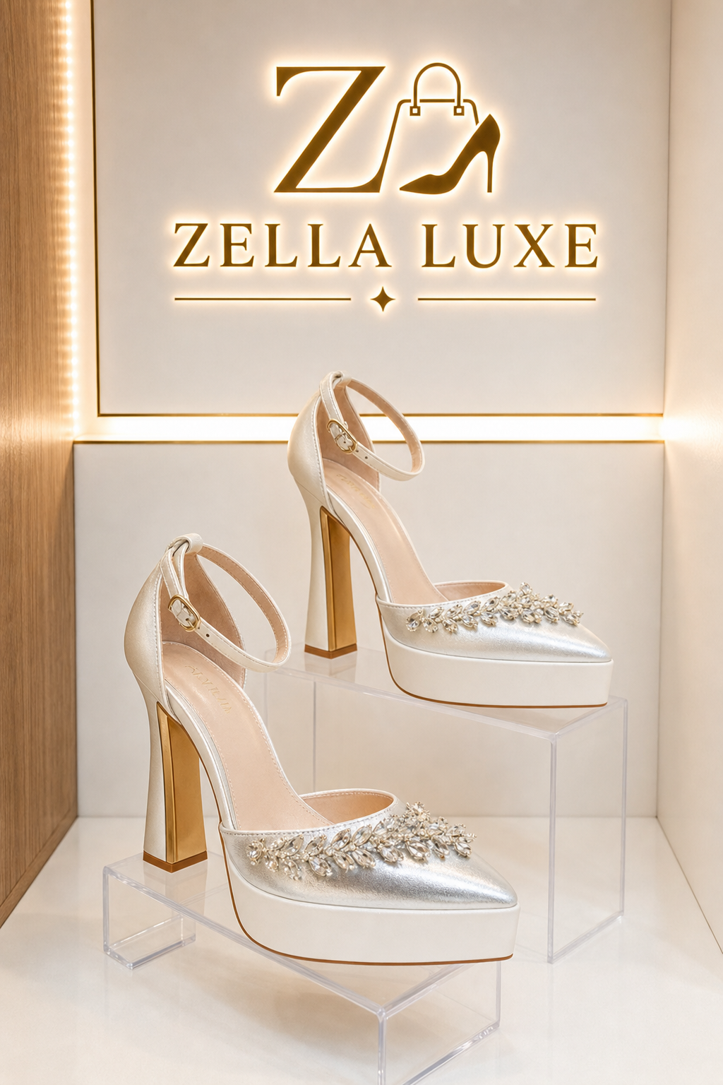 Chaussures à talons hauts de soirée avec motif feuille en strass et plateforme