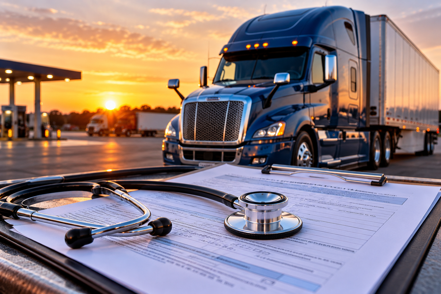 Illustration of a semi-truck with DOT medical examination paperwork. Image courtesy of Truck Stop Talk with Sarge™.