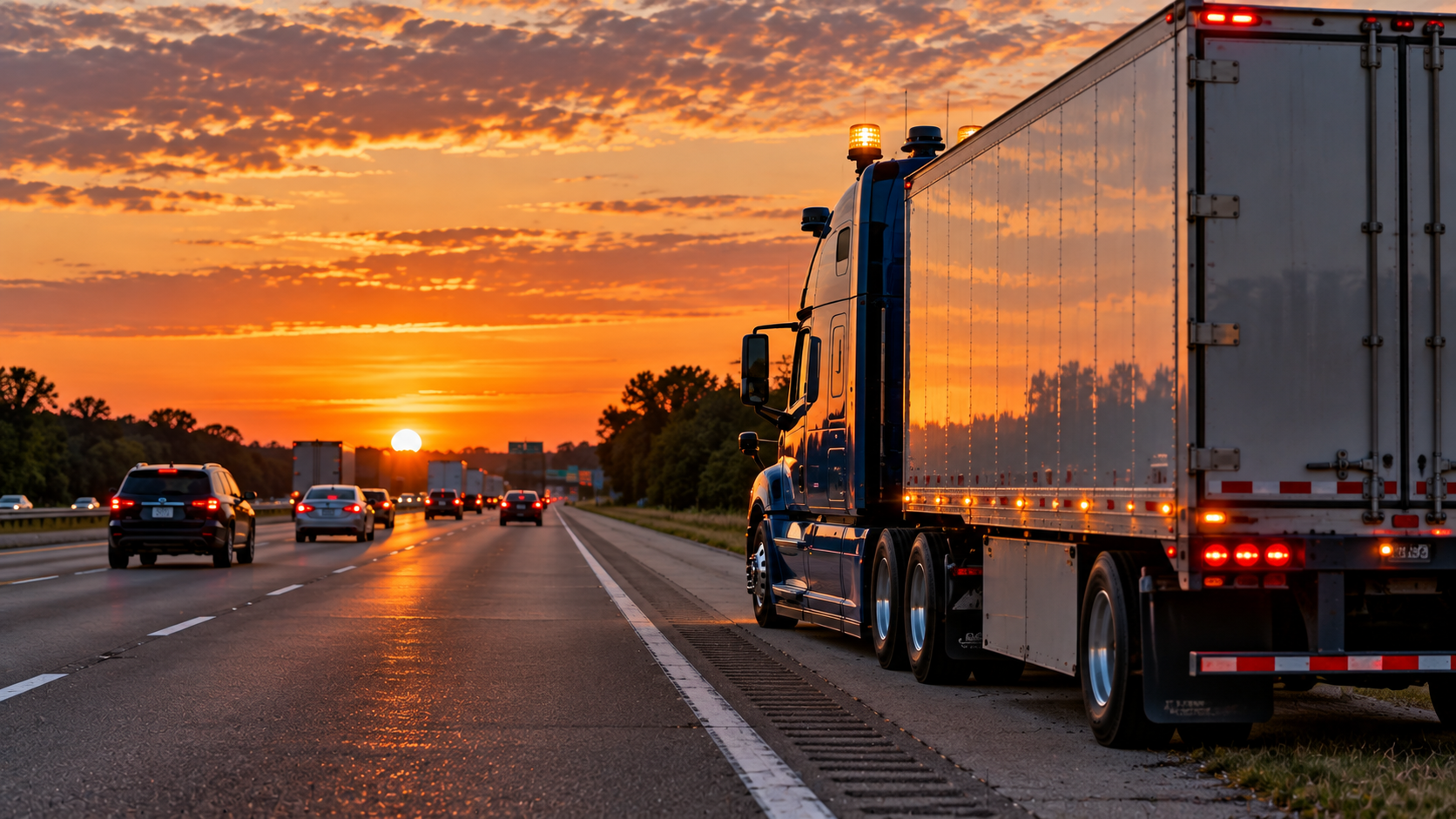 llustration of a blue semi-truck stopped on a highway shoulder at sunset with amber warning beacons illuminated. Image courtesy of Truck Stop Talk with Sarge™.